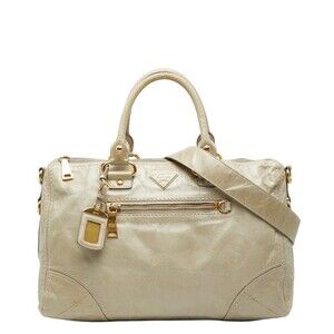Prada triangular logo plate handbag shoulder bag Beige Pink Tan leather